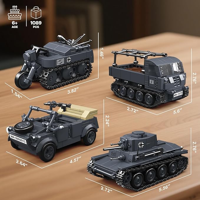 4 IN 1 WW2 Army Tanks Toy Building Block Set(1089 Pcs)Compatible with LegoCreate German 38T-A Light Tank&amp3 German Style Small Military Vehicles Models Great Military Toy Gift for Boy Age 6+ Year