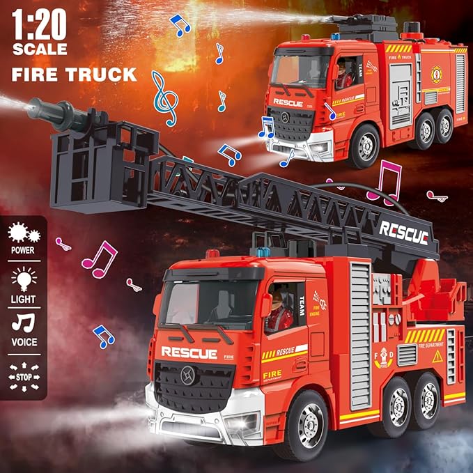 Remote Control Fire Truck RC Fire Truck Toy Set 2 Firetruck with Fire Extinguisher 2 Dolls 4 Traffic Cones Lights Sounds Extendable Rescue Ladder Firetruck Toy for Boys Kids