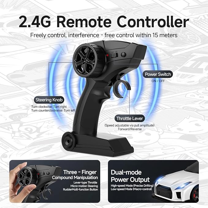1/64 Scale Drift RC Car - 2.4GHz Half-Scale Remote Control 4WD High-Speed Mini Remote Control Car with Racing Lights (Blue)