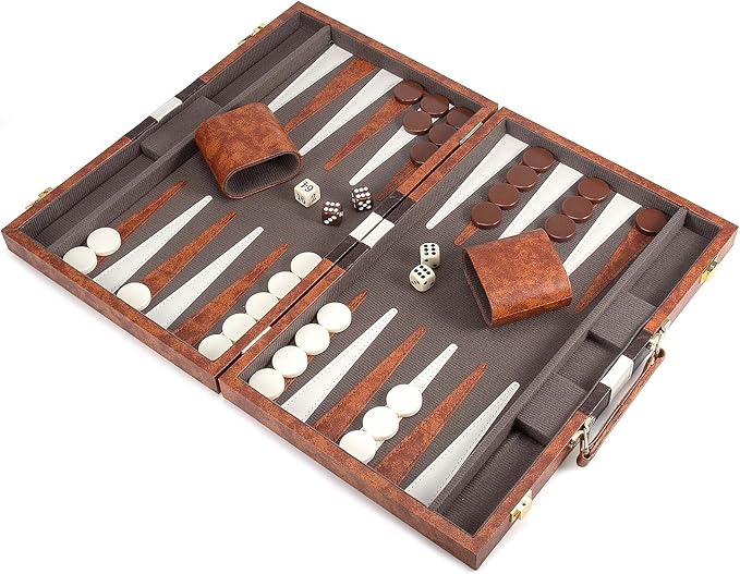 AMEROUS Backgammon Set 15 Inches Classic Board Game with Leather Case Folding Board Gift Package Portable Travel Strategy Backgammon Game Set for Adults Kids (Medium Brown)