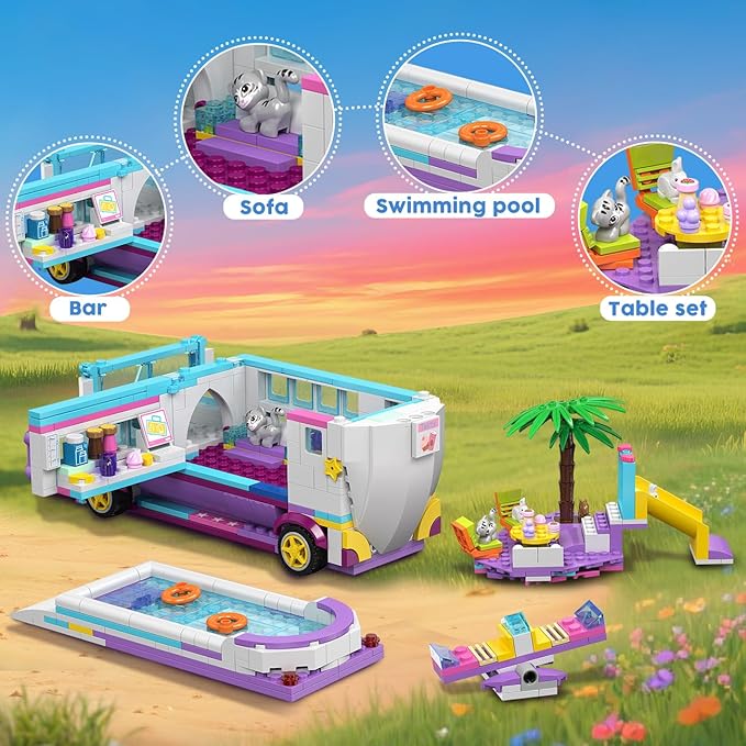 HOGOKIDS 3-in-1 Friends Airplane Building Toy Set - 808PCS Plane/Boat/Camper Van Building Toys with Cute 6 Mini Animals Slide Fun Accessories and Stickers Birthday Gifts for Girls Boys Age 8-12+