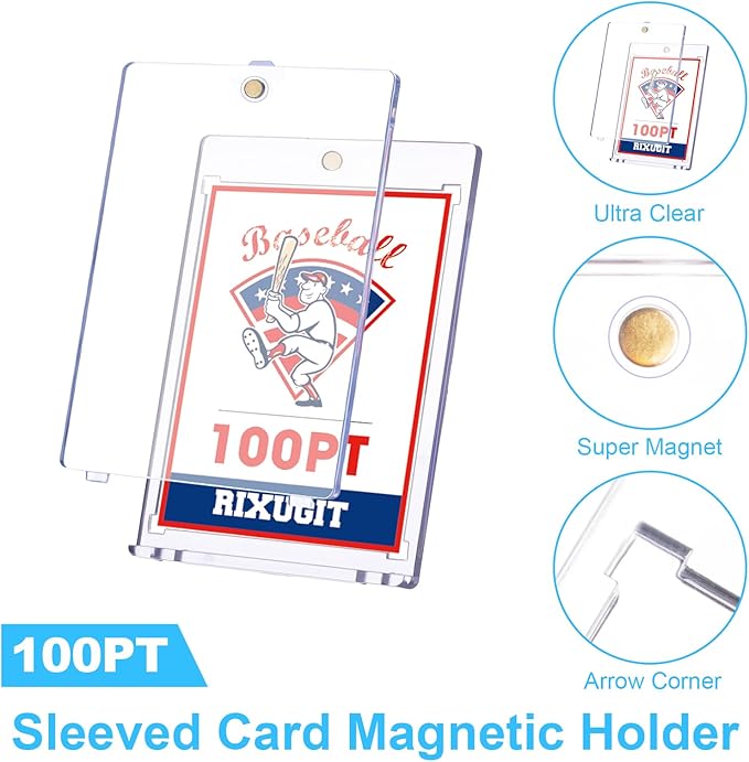 25-Pack Sleeved Card Magnetic Holders - 100pt Magnetic Card Case Fits Sleeved Card First One Touch Card Holder Inner Size 2.63″×3.70″ Clear Hard Case for Trading Cards Sports Card Games Cards