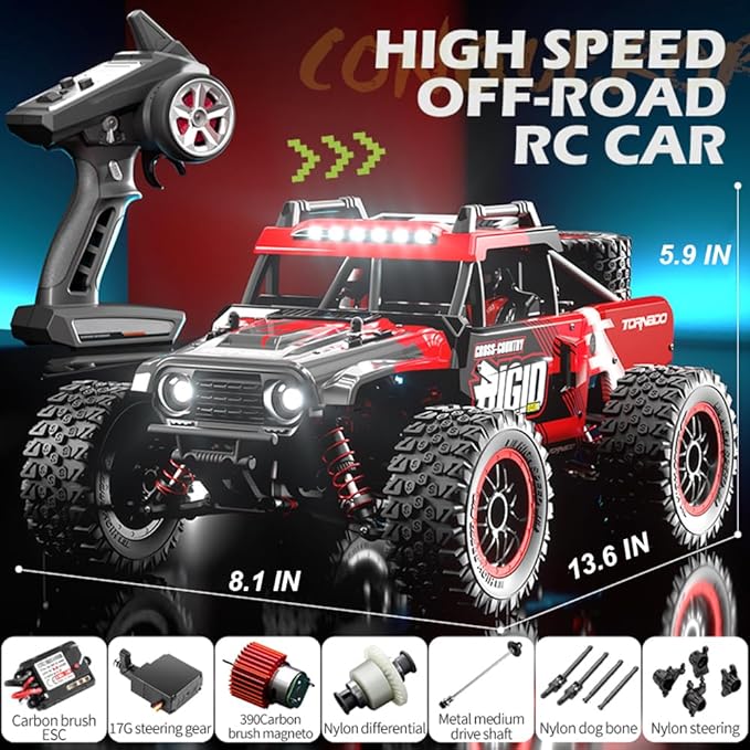 1/14 RC Car Off Road RC Truck 4x4 Remote Control Car Hobby Buggy All Terrain High Speed 30+MPH 4WD with 390 Brushed Motor Proportional Throttle Steering Metal Chassis Ball Bearing Adult