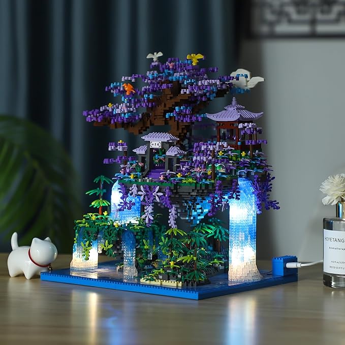 Chinese Moon Palace Pavilion Building Blocks Set - Micro Miniature Bonsai Tree House with String Lights and Flowers for Adults Teens 14+ (4574 Pieces)