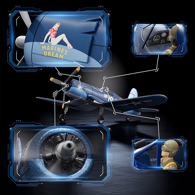 Volantexrc Brushless RC Planes 4 Channel F4U Corsair RTF RC Airplane Fighter 6-Axis Gyro wiih 3 Flight Modes One-Key Aerobatic Wingspan 500mm Fuselage 396mm with 3 Batteries Ideal Park Flyer