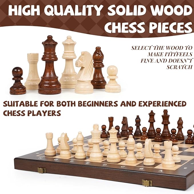 15 Magnetic Wooden Chess Set for KidsAdults &amp Beginners with 3 King &amp 2 Extra Queens – Portable Folding Travel Chess Board with Storage – Classic Strategy Game