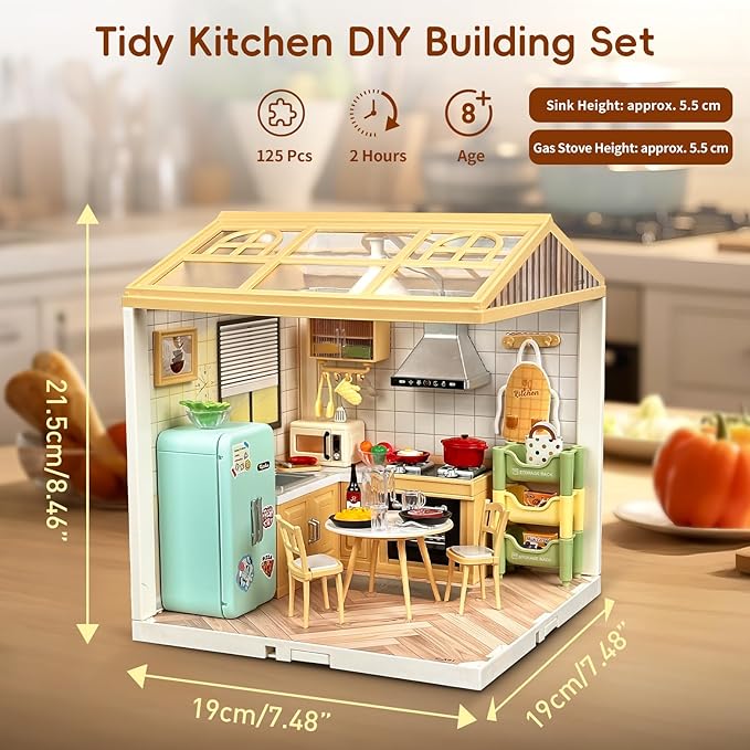 LED Building Blocks for Adults 1:24 DIY Miniature Dollhouse Kits with Roof &amp Dustproof Cover Tiny House Toy Building Sets for Kids Ages 8-12-15 Birthday Hobbies Gift for Men Women Boy Girl