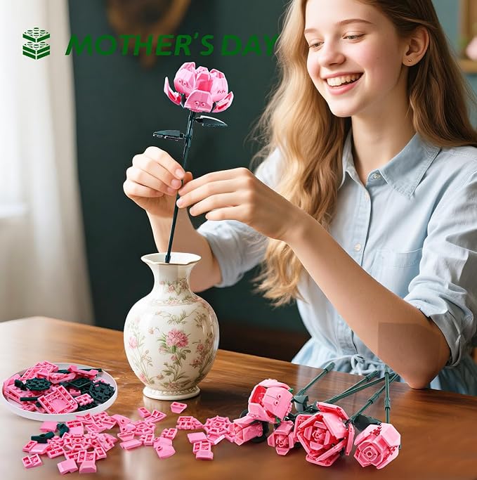 Pink Rose Flower Building Set-10pcs Roses &amp 2pcs Leaves Botanical Collection Artificial Flowers for Home Décor Rose Bouquet Building Kit for Valentine’s Day Christmas Birthday Anniversary (No Va