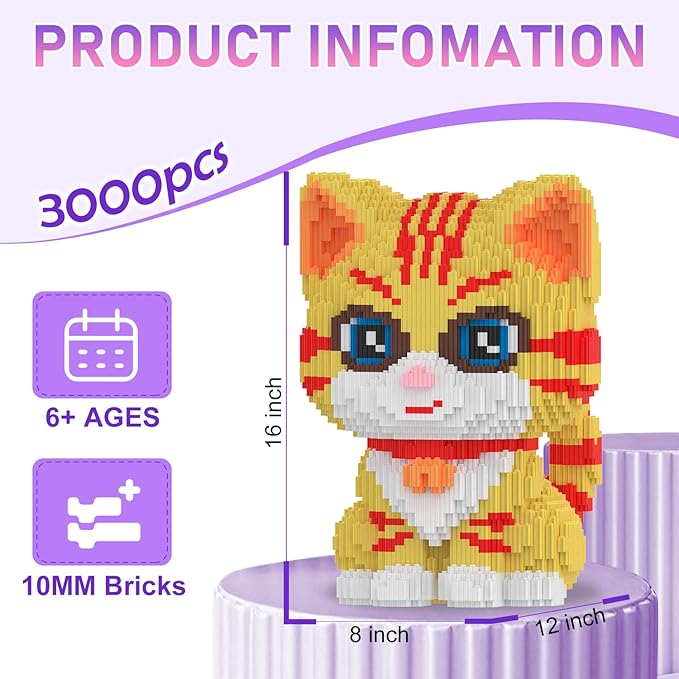 Cat Building Blocks with Organizer Bins | Yellow | Micro 3D Animal Building Blocks | 3000PCS | Gift for Adults and Kids | Home &amp Office Decor | RQ8889