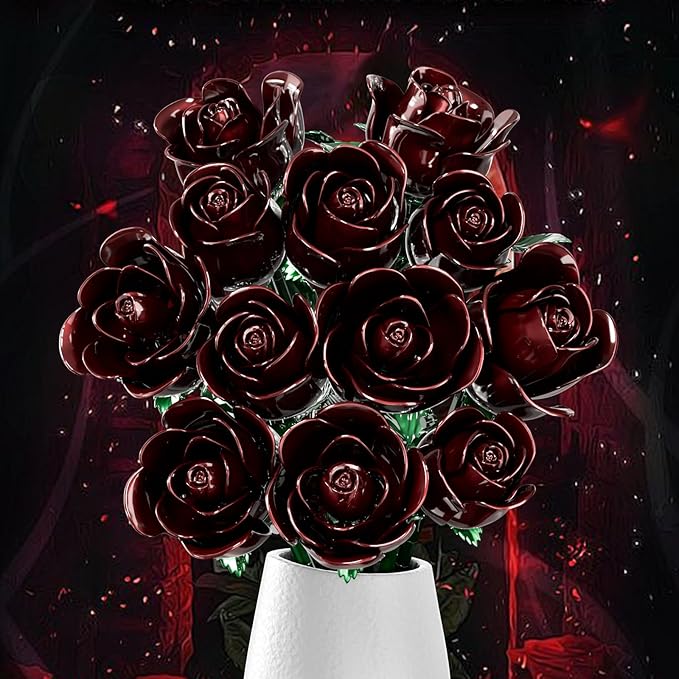 Burgundy Red Rose Bouquet Building Set for Girls &amp Boys - 12 Pack Botanical Collection Gift for Easter Basket Artificial Flowers Botanical Collection Centerpiece Retro Decor
