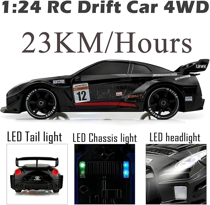 1:24 RC Drift 2.4GHz with LED Light Race Car Toys for Boys and Girls Aged 6+ Speed Adjustable up to 23Km/H High-Speed RC Racing Cars Toy Gift for Boys &amp Girls (Black)