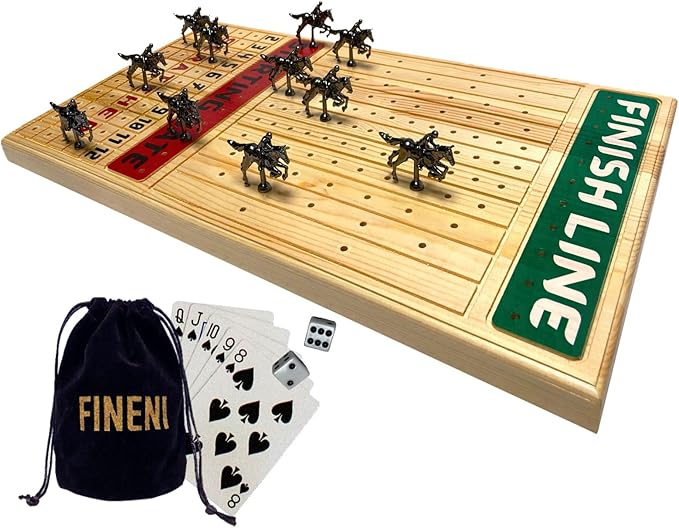 Horse Racing Board Game with Luxurious Durable Metal Horses 11 Pieces Black Real Pine Wood Horseracing Game Board Dice and Cards