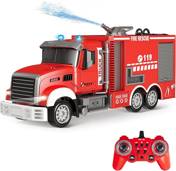 RC Fire Truck Toy - Remote Control Toy Fire Truck - Rescue Fire Engine 11 CH with Rotating Water Spraying Pump Lights Sounds 2.4G Firetruck Toy for Kids Boys