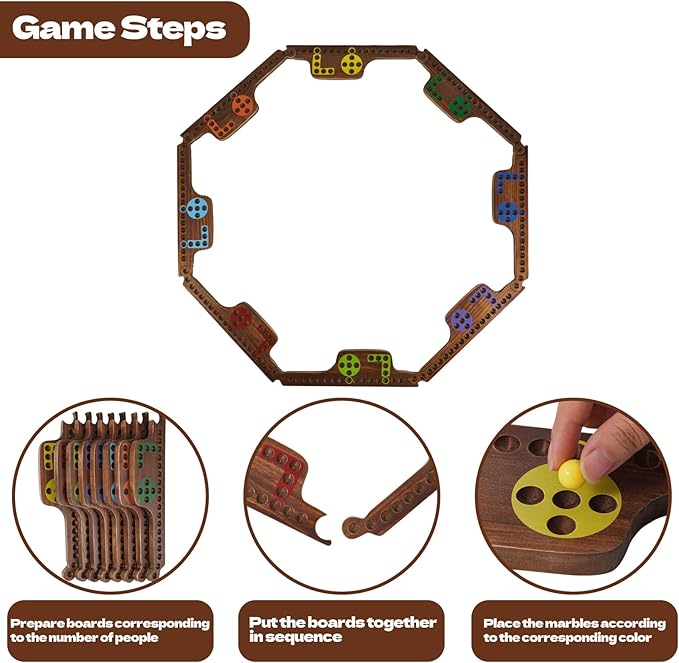 Portable Multiplayer Game Vintage Colors Wooden Jokers and Marbles Board Game for 2-8 Players Pegs and Jokers Card Game Board with 8 Game Boards 4 Decks of Cards 40 Marbles (Burnt Color)