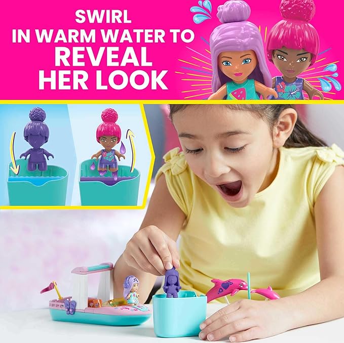 MEGA Barbie Color Reveal Dolphin Exploration Toy Building Set with 10+ Surprises 2 Micro-Dolls and 2 Dolphins Toy Gift Set for Girls and Boys Ages 5 and up