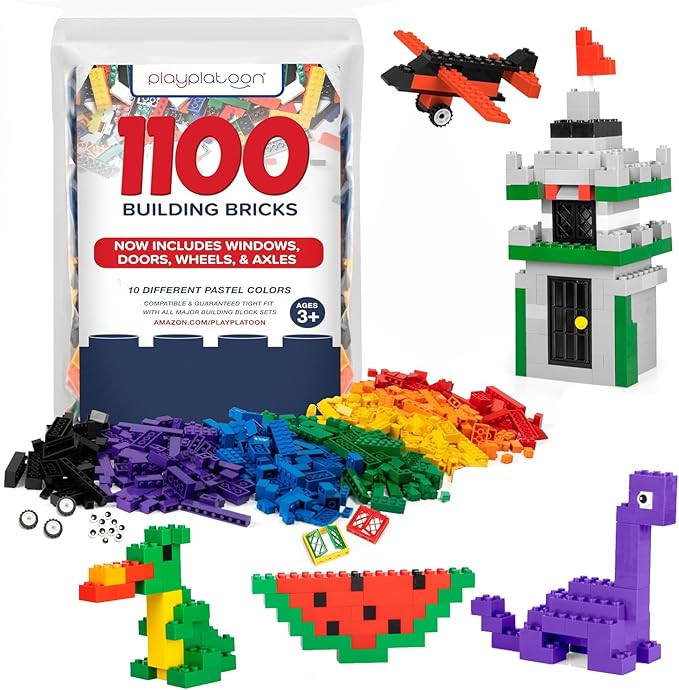 Play Platoon 1100 Pieces Building Bricks Set - 10 Classic Color Blocks - Bulk Building Blocks Compatible with Major Brands - 14 Different Shape Bricks - Includes Wheels Tires Axles Windows &amp Do