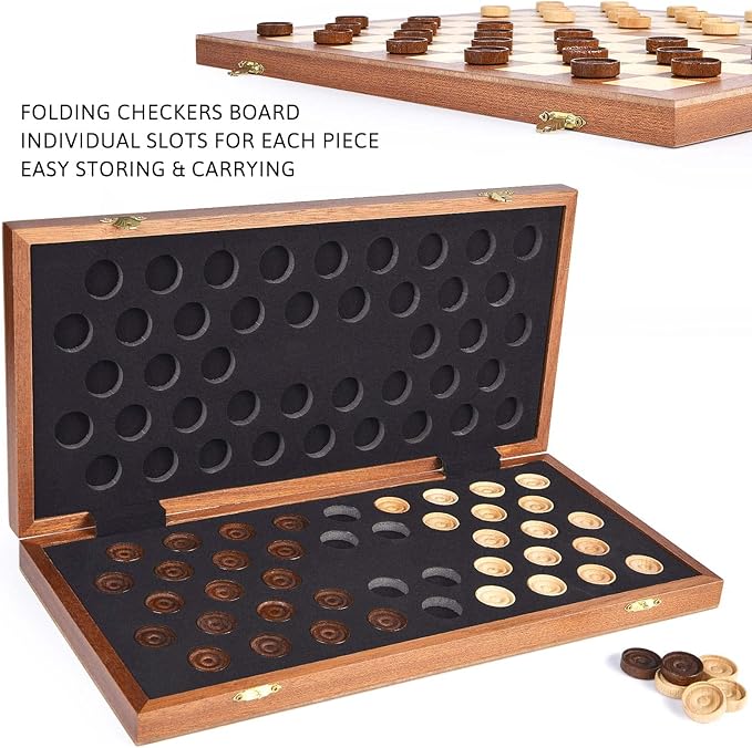 VAMSLOVE 15inch Checkers Folding Wooden Game Set 100 Square Checkerboard International Checkers Draughts Board 10x10 for Kids with Pieces Storage Slots (Instructions Included)