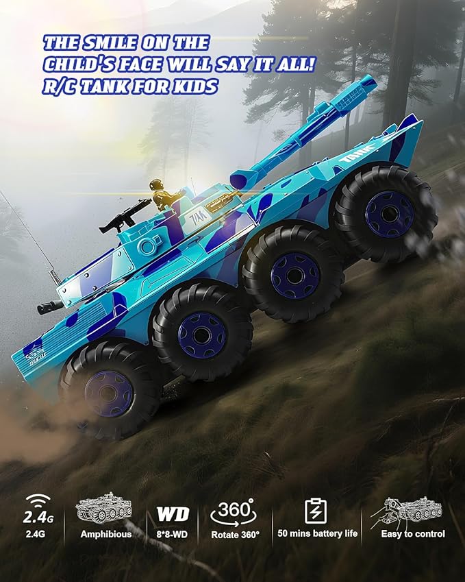 RC Tank Amphibious IFV Remote Control Truck Toy for Kids 5-12 40+ Min Playtime 2.4Ghz Waterproof Off-Road Crawler with Manually Rotating Turret (Blue Camouflage)