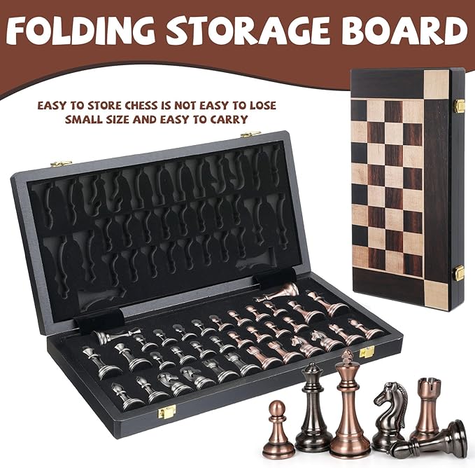 15-Inch Large Metal Chess Set for Adults and Kids with Metal Chess Pieces – Foldable Wooden Board with Storage Portable Classic Game Set for Travel &amp Home Elegant Gift for Chess Enthusiasts