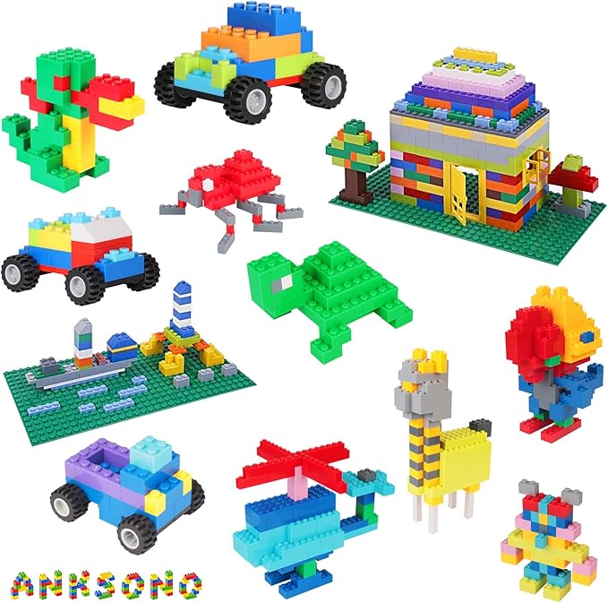 1000 Pieces Building Bricks Classic Building Bulk Blocks for Kids with 12pcs Wheels Accessories Windows Doors 2 Packs Studs Sticky Plate Compatible with All Major Brands Gfits for Kids