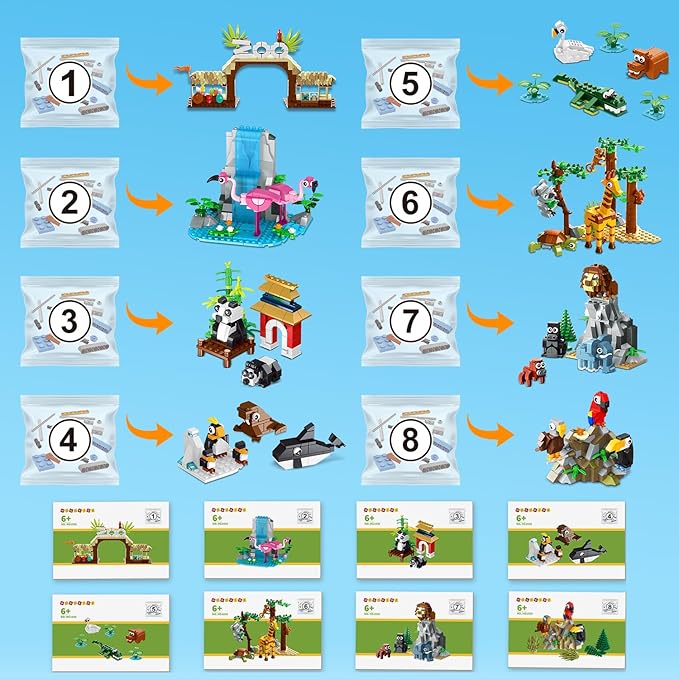 HOGOKIDS 25 Animals Zoo Building Set with Play Mat - 8 Pack Zoo Scene modules Blocks Toy for Easter Valentines Day Party Favors Classroom Prizes Fillers Birthday Gifts for Kids Boys Girls 6+ (1460PCS)