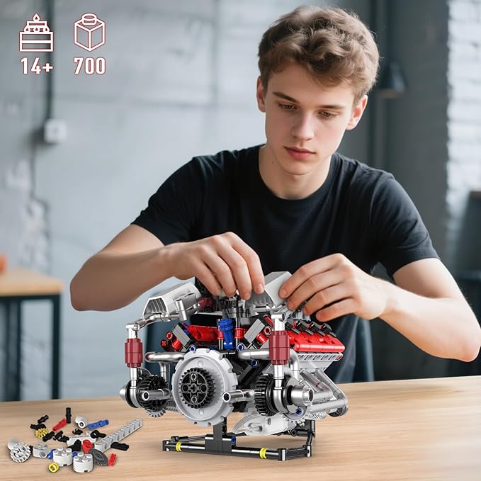 HIGH GODO Ideas V8 Engine Building Kit That Works Build Your Own MOC Mini V8 Engine Model Toy for Display STEM Toys Gifts for Teens Adults 14+ (700 PCS)