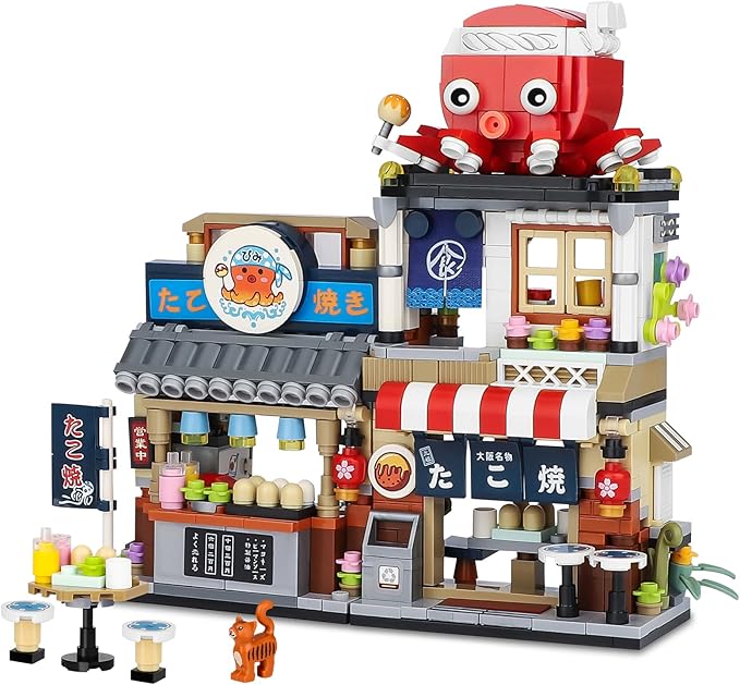 Japanese Street View Takoyaki Shop Mini Building Blocks MOC Creative Japanese Toys for Girls 6-12 Years Old 722 Pcs Simulation Architecture Construction Toy Gift Idea for Kids Adults