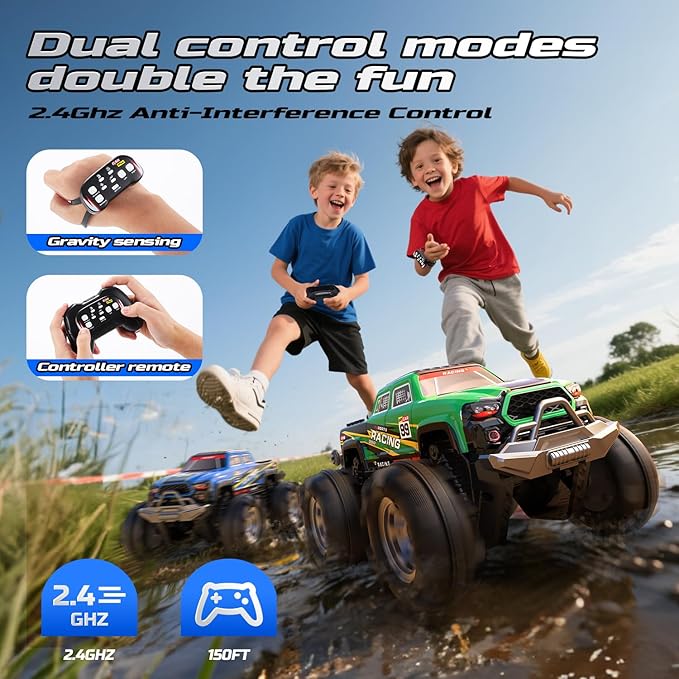 DEERC BG028 Amphibious RC Monster Truck/Boat IPX7 Waterproof Remote Control Car W/Gesture Sensing Control 2.4GHz 4WD RC Car W/ 360°RotationFlowing Light40mins Play RC Truck Toys for Kids Boys