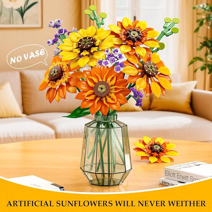 Flowers Sunflower Bouquet Building Set with Lights - 17 Flowers Botanical Collection Artificial Plant Sunflower Building Blocks Art Home Decor Easter Gifts for Adults Women Girl (1011PCS)