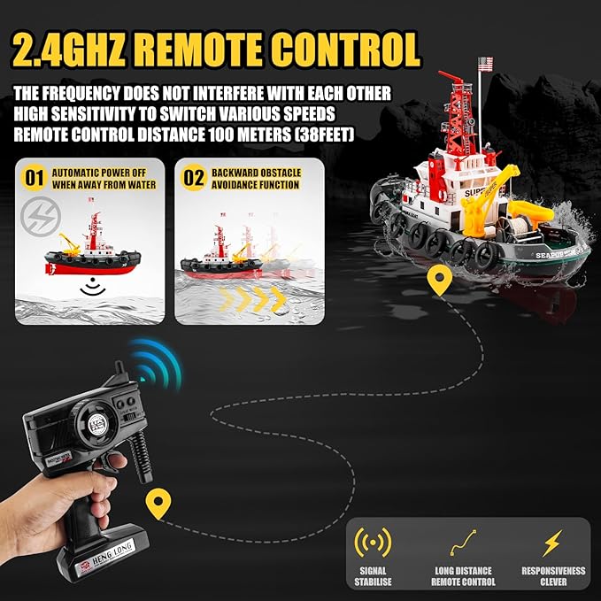 RC Boat HengLong 2.4GHZ US Fire Rescure Boat Remote Control FireBoat Water Spray with 2 Rechargeable Batteries Swimming Pool Lake for Age 14+