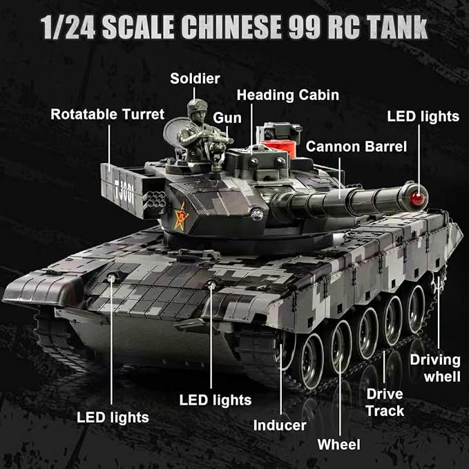 1/24 RC Tank 2.4Ghz Chinese 99 Remote Control Tank &amp 330°Turret Rotation. 2 × Rechargeable Batteries Infrared Battle Toy with Smoke LED Lights and Sound Effect Gift for Boys