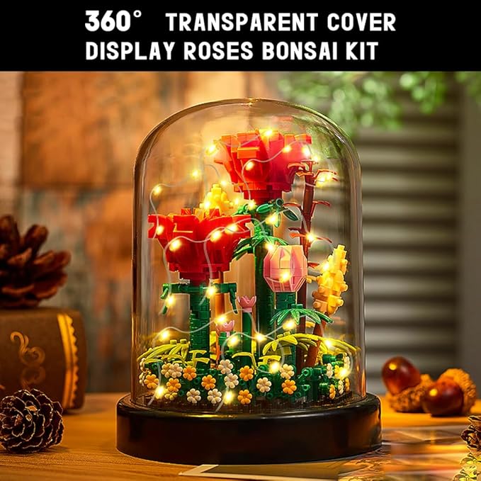 HOGOKIDS Flower Bouquet Building Set with LED Lighting - 596 PCS Red Rose Kits with Cover Botanical Building Blocks | Birthday Mini Bricks Easter Gifts for Kids Girls Teens Adults Home Decor Display