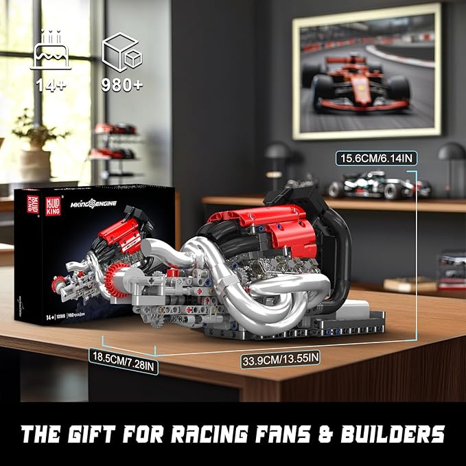 Mould King Racing Car Engine Model Kit 980+Pcs Motorized Mini Engine Kits That Runs Build Your Own Model Engine with Gearshift &amp Battery Building Blocks for Adults DIY Construction Engineering