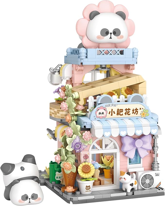 Mini City Shop Street View Building Blocks Model SetSimulation Panda Architecture Collection Particle Construction Building Bricks ToyHome Decor (Flower Shop)
