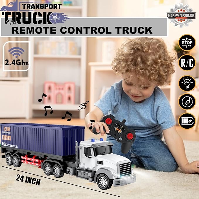 Remote Control Semi Truck with Trailer -24 Inch Semi Truck Toy for Kids1:24 Container Truck with LED Lights &amp Music Great Gift for Boys Girls
