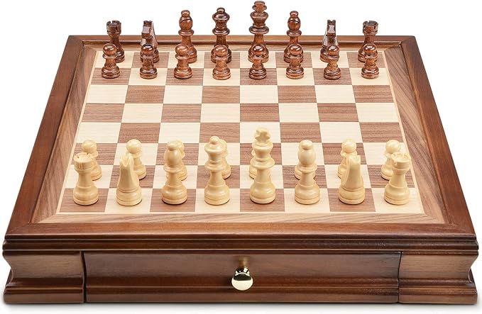 AMEROUS 12.8 x 12.8 Magnetic Wooden Chess Set with 2 Built-in Storage Drawers - 2 Bonus Extra Queens - Gift Packaging - Staunton Chess Pieces Board Games Chess Sets for Adults and Kids