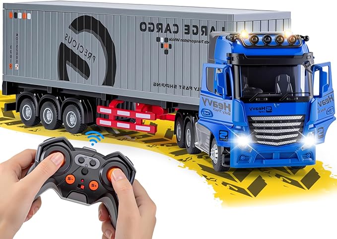 9 Channel RC Semi Truck with Trailer Metal Cab 2.4Ghz Remote Control Container Truck with Lights and Sounds Birthday Gift for Kids Boys 18.5