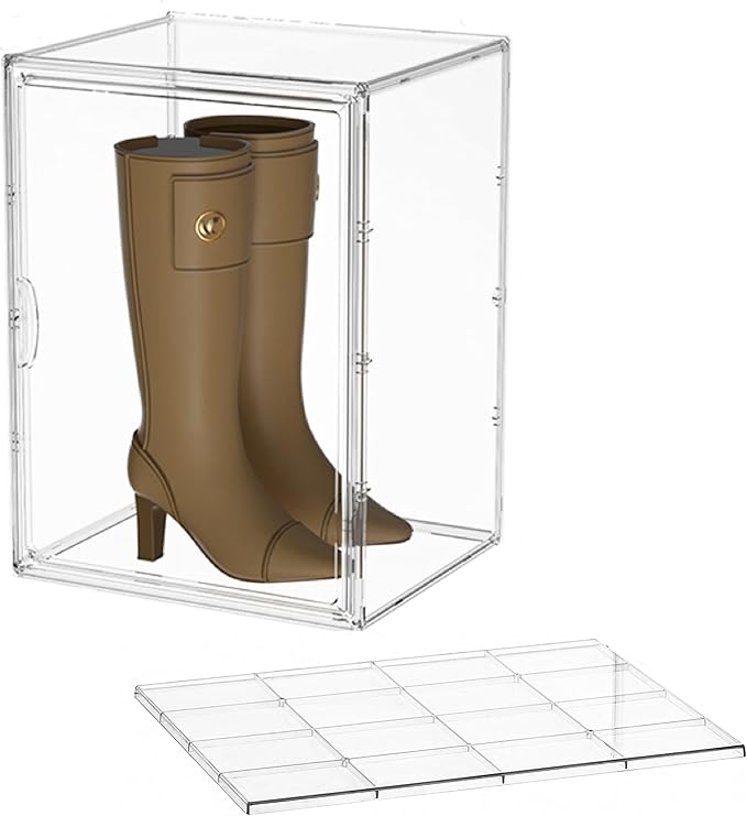 Attelite XXX-Large Clear Display Case Stackable Plastic Storage Bins with Lid 2 Tiers Boot Shoe Box Organizers with an Adjustable Divider Big Acrylic Display Storage Box with Magnetic Door
