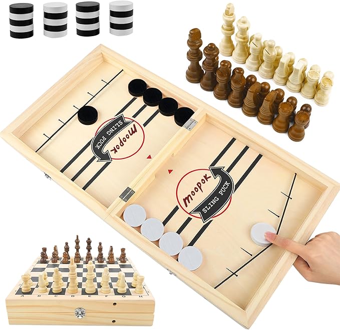 Fast Sling Puck Game - 2 in1 Chess Board and Desktop Battle Super Winner GameFast Action Wooden Air Hockey Board GameAdults and Kids Family Friend Funny Slingshot Game Toys