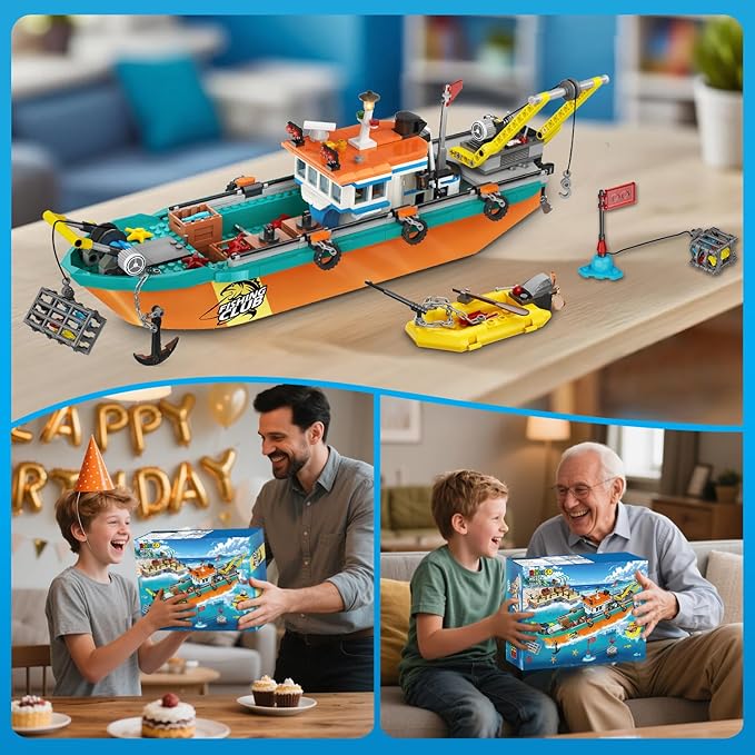 City Fishing Boat Wharf Building Set - Floatable Sea Fishing Ship Building Block Kit with Speedboat Crane Containers Exploration Boats Toy Birthday Gift for Kids Boys Girls 6 7 8 9 10+ 762PCS