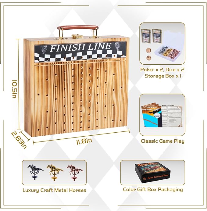 Horse Race Board Game Solid Wood Foldable Racing Board with 11 Metal Horses 2 Dice and 2 Boxes of Cards Portable Travel Game for Family Parties and Holiday Gatherings