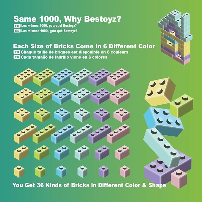 Building Bricks 1000 Pieces in Pastel Colors Classic Building Blocks Toys &amp Gifts for Boys &amp Girls Aged 4+