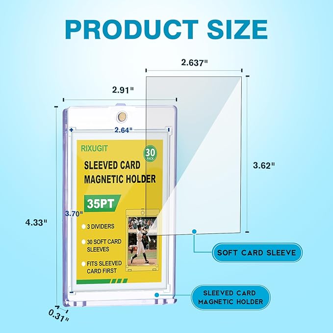 30-Pack Sleeved Card Magnetic Holders - 35pt One Touch Card Holder Includes 30 Soft Soft Card Sleeves Insert Card into Sleeve First Then into Holder Fits Trading Cards Baseball &amp Game Card