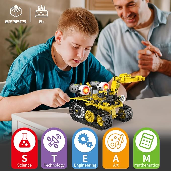 5-in-1 Remote Control STEM Robot Building Kit with LED Light – Transformable Models Eco-Friendly Rechargeable App-Controlled Engineering Toy for Kids 6+ (673PCS)