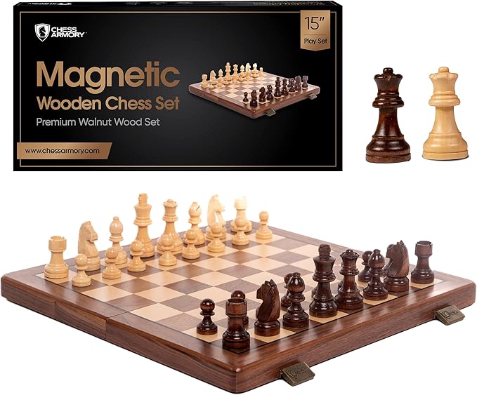Chess Armory 15 inch Chess Set Magnetic - Premium Wooden Board Game with a Portable Wood Case and Secure Storage for Pieces Set for Kids and Adults (Walnut Wood)