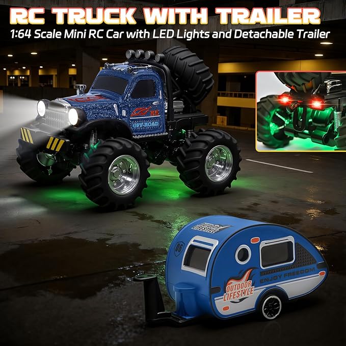 Snugzy Mini RC Car 1:64 Scale RC Truck for Kids with Trailer 2.4Ghz Remote Control Rechargeable RC Cars Toy Gifts for Boys Girls Adult (Blue)