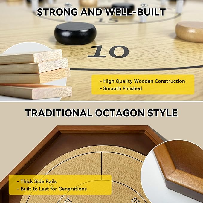 30 Inch Tournament Crokinole Board Game 2 in 1 Crokinole and Checkers with 26” Playing Surface Metal Pegs Wooden Octagon Canadian Tabletop Board Game Krokinole for Families and Friends