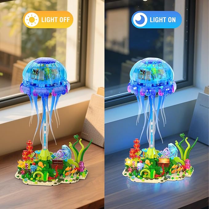 Jellyfish Building Set with LED Lights Floating Jellyfish Lamp for Home Decor Ocean Animal Collection Model with Coral &amp Seaweed Creative Display Gift for Adults Teens 14+