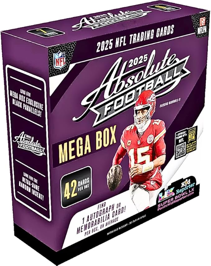 2025 Absolute Football Mega Box with 42 Total Trading Cards + 6 Toploaders + Magnetic Holder and StreetCards Magnet! Look for Kaboom Inserts!