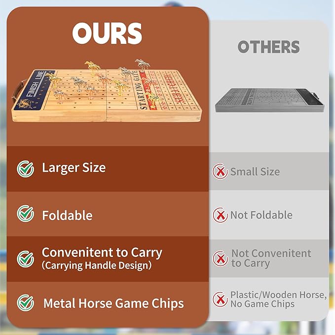 Bravmate Large 21 Inches Horse Race Board Game Solid Wood Foldable Horse Racing Game with 11 Luxury Metal Horses 2 Wooden Dice 2 Boxes of Cards 80 Chips for Parties